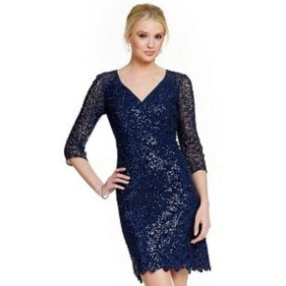 NWT Kay Unger Sequin Lace V-Neck Sheath Dress - Picture 1 of 10